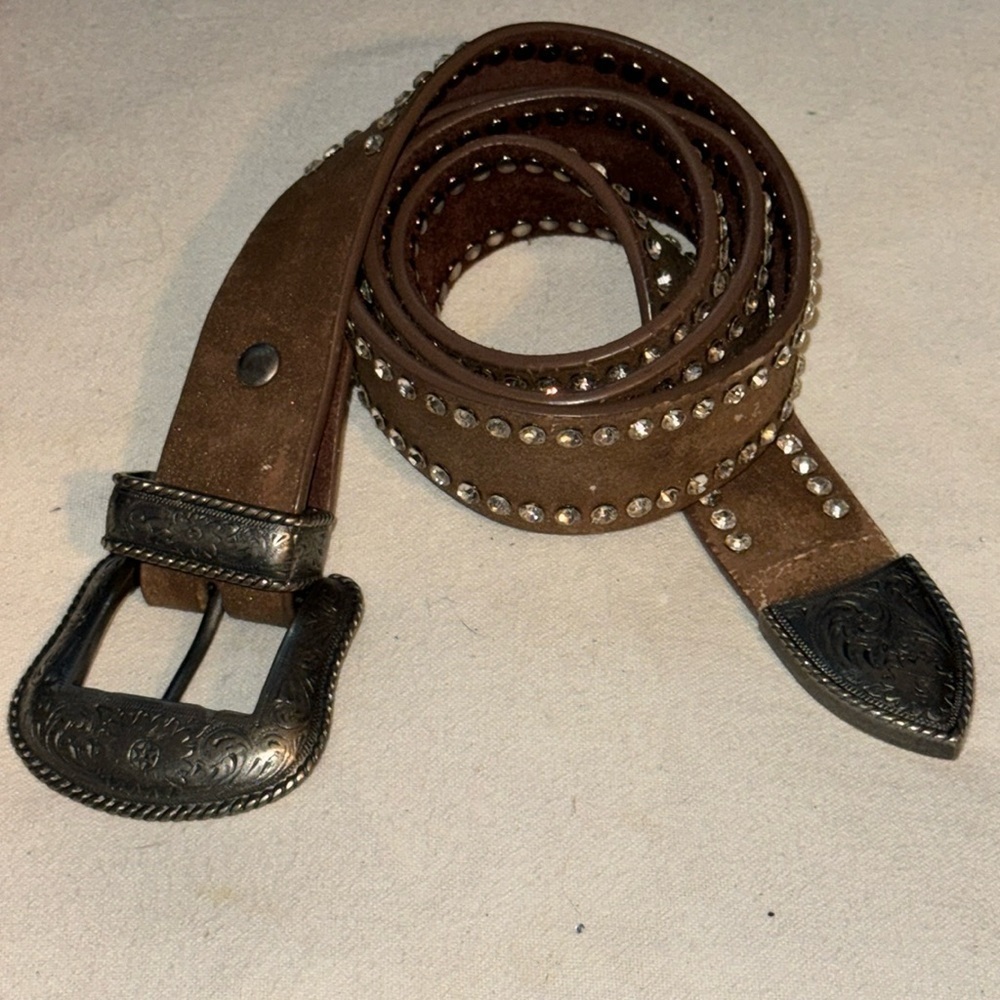 Western fashion rhinestone brown leather belt M/L